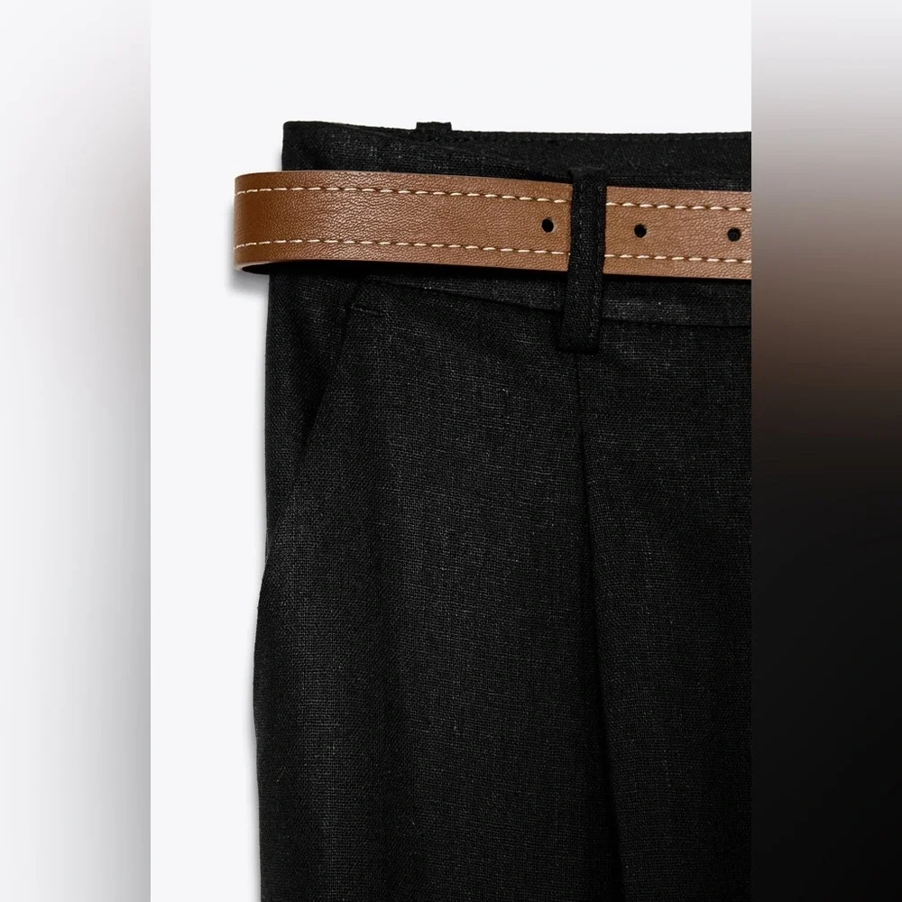 NWOT. Zara Black Linen/Viscose Blend Straight Leg Trousers. Size L.